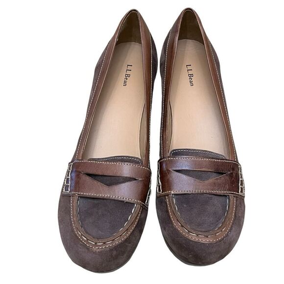 L.L. Bean Made/Brazil 9M Shoes Brown Suede Leather Wedge Penny Loafers Slip On - Picture 3 of 11